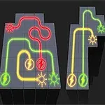 Connect It Parlak neon renklerle yeşil, sarı ve kırmızı elektrik devresi yolları ile dolu bir kareler labirenti