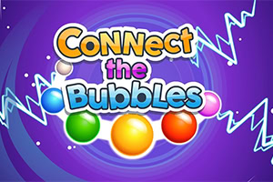 Mor spiral arka planda Connect the Bubbles yazısı, renkli baloncuklar ve neon zikzak çizgiler