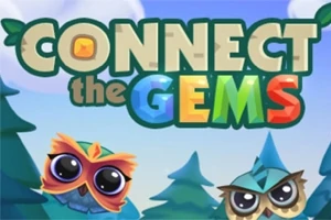 Büyük gözlü iki çizgi film baykuşu ve Connect the Gems yazısı olan renkli bir arka plan