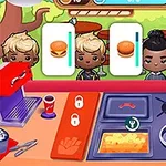 Dört müşterinin hamburger ve patates siparişlerini beklediği, burger hazırlama istasyonunu gösteren bir mutfak sahnesi