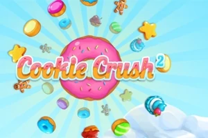 Renkli şekerler ve kurabiyelerle çevrili pembe bir çörek önünde Cookie Crush 2 yazısı