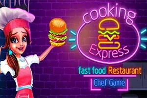 Şef kıyafetli bir kız elinde hamburger tutuyor ve yanında neon ışıklı fast food restaurant ve chef game yazıları bulunuyor
