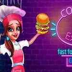 Şef kıyafetli bir kız elinde hamburger tutuyor ve yanında neon ışıklı fast food restaurant ve chef game yazıları bulunuyor