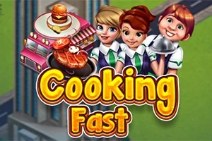 Üç mutfak önlüğü giyen karakterin yanında bir yiyecek kamyonu ve Cooking Fast yazısı