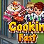 Üç mutfak önlüğü giyen karakterin yanında bir yiyecek kamyonu ve Cooking Fast yazısı