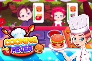 Aşçı şapkalı bir kadın elinde hamburger tutuyor, arka planda iki müşteri ve yiyecek siparişleri görünüyor