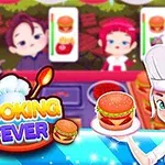 Aşçı şapkalı bir kadın elinde hamburger tutuyor, arka planda iki müşteri ve yiyecek siparişleri görünüyor