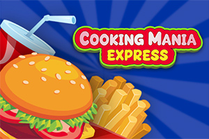 Mavi arka plan üzerinde içecek, hamburger, patates kızartması ve Cooking Mania Express metni