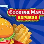 Mavi arka plan üzerinde içecek, hamburger, patates kızartması ve Cooking Mania Express metni