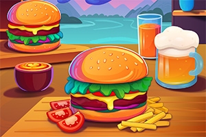 Renkli bir fonda, masa üzerinde büyük bir hamburger, patates kızartması, birkaç dilim domates, bir bardakta portakal suyu ve köpüklü bir bira var
