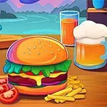 Renkli bir fonda, masa üzerinde büyük bir hamburger, patates kızartması, birkaç dilim domates, bir bardakta portakal suyu ve köpüklü bir bira var