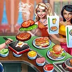 Mavi şapkalı ve beyaz önlüklü bir kadın, mutfakta ızgarada hamburger pişirirken arka planda iki kadın ona sipariş veriyor