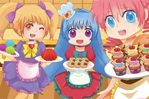 Üç anime karakteri, rengarenk tatlılar ve kekler sunarak mutlu bir şekilde poz veriyor