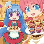 Üç anime karakteri, rengarenk tatlılar ve kekler sunarak mutlu bir şekilde poz veriyor