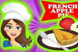 Kadın şef figürü, elma dilimli bir tabak turta ve “French Apple Pie” yazısı