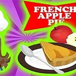 Kadın şef figürü, elma dilimli bir tabak turta ve “French Apple Pie” yazısı