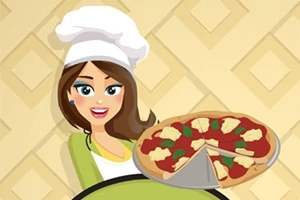 Kadın aşçı şapkalı bir figür, elinde dilimlenmiş pizza tutuyor