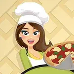 Kadın aşçı şapkalı bir figür, elinde dilimlenmiş pizza tutuyor