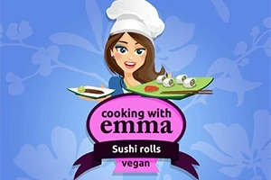 Mavi arka plan üzerinde şef şapkası takan kadın bir tabak vegan suşi tutuyor ve cooking with emma yazısı yer alıyor