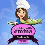 Mavi arka plan üzerinde şef şapkası takan kadın bir tabak vegan suşi tutuyor ve cooking with emma yazısı yer alıyor