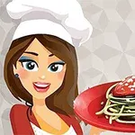 Kadın şef şapkası takmış, kırmızı tabakta kalp şeklinde sosla süslenmiş spagetti tutuyor