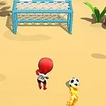 Kumlu bir alanda bir karakter kırmızı topa ateşli bir futbol topuyla şut çekiyor, arka planda mavi bir kale ve bitkiler var