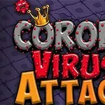 Büyük harflerle renkli ve dokulu Corona Virus Attack yazısı, taç ve virüs şeklinde figürlerle süslenmiştir