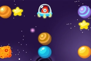 Renkli gezegenler ve yıldızların arasında uzayda süzülen bir UFO tasviri