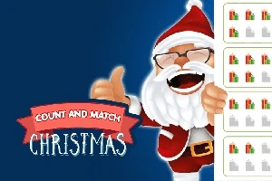 Beyaz sakallı ve kırmızı kıyafetli gülen Noel Baba, yanında Count and Match Christmas yazısıyla, sağ tarafta hediye resimlerini gösteriyor