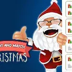 Beyaz sakallı ve kırmızı kıyafetli gülen Noel Baba, yanında Count and Match Christmas yazısıyla, sağ tarafta hediye resimlerini gösteriyor