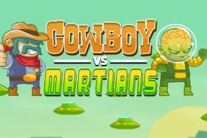 Kovboy kıyafetli bir adam ve uzay kıyafetli yeşil tenli bir yaratık, açık yeşil arka plan önünde duruyor; önde Cowboy vs Martians yazısı var