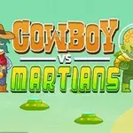Kovboy kıyafetli bir adam ve uzay kıyafetli yeşil tenli bir yaratık, açık yeşil arka plan önünde duruyor; önde Cowboy vs Martians yazısı var