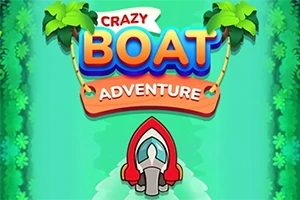 Yeşil arka plan üzerinde palmiye ağaçları ve renkli Crazy Boat Adventure yazısı ile aşağıda çizgi tarzında beyaz-kırmızı bir tekne