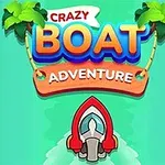 Yeşil arka plan üzerinde palmiye ağaçları ve renkli Crazy Boat Adventure yazısı ile aşağıda çizgi tarzında beyaz-kırmızı bir tekne