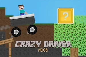 Piksel tarzı bir karakter, havada devrilmekte olan bir araç içinde, arkada soru işareti bulunan bir blok, üzerinde Crazy Driver Noob yazısıyla birlikte görülüyor