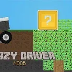 Piksel tarzı bir karakter, havada devrilmekte olan bir araç içinde, arkada soru işareti bulunan bir blok, üzerinde Crazy Driver Noob yazısıyla birlikte görülüyor