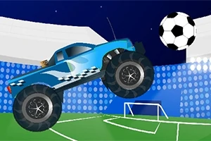 Mavi bir arazi aracı, gece bir futbol sahasında büyük bir futbol topuna doğru zıplıyor