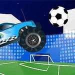 Mavi bir arazi aracı, gece bir futbol sahasında büyük bir futbol topuna doğru zıplıyor