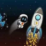 Karanlık bir uzay arka planında roketle uçan astronot figürü ve Crazy Gravity yazısı