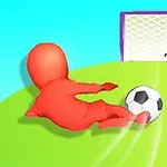 Kırmızı bir figürün çim üzerinde topa vurduğu ve uzaktaki kaleye doğru yönlendirdiği bir futbol sahnesi