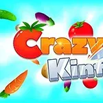 Mavi bir arka plan üzerinde havada uçuşan çeşitli sebzeler ve büyük harflerle yazılmış Crazy Knife metni ile birlikte bir bıçak