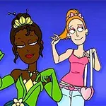 İki animasyon karakteri, biri yeşil elbise ve taç takıyor, diğeri pembe bluz ve açık renk pantolon giymiş, mavi bir arka planda dans ediyorlar