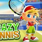 Sarı saçlı sevimli bir çocuk tenis raketi tutarken, arka planda Crazy Tennis yazısı ve bir tenis kortu