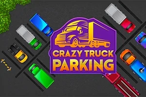 Renkli araçlarla dolu bir otoparkta, ortada Crazy Truck Parking yazılı mor ve turuncu logo