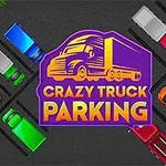 Renkli araçlarla dolu bir otoparkta, ortada Crazy Truck Parking yazılı mor ve turuncu logo