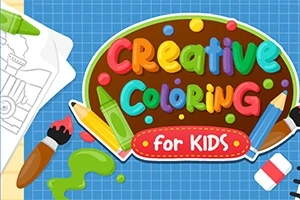 Renkli harflerle Creative Coloring for Kids yazısı, boya fırçası, kalemler ve bir tren taslağı olan tasarım