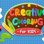 Renkli harflerle Creative Coloring for Kids yazısı, boya fırçası, kalemler ve bir tren taslağı olan tasarım