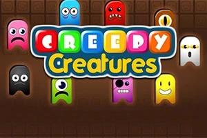 Renkli harflerle Creepy Creatures yazısı ve etrafında farklı renk ve yüz ifadelerine sahip sevimli hayalet karakterler