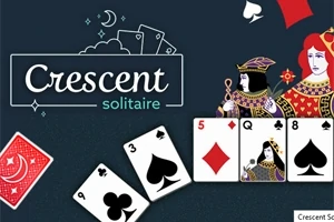 Karo ve kupa kartlarının bulunduğu, iki karakterin resmedildiği ve Crescent solitaire yazısının yer aldığı bir görsel