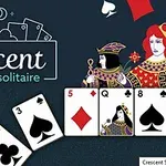 Karo ve kupa kartlarının bulunduğu, iki karakterin resmedildiği ve Crescent solitaire yazısının yer aldığı bir görsel